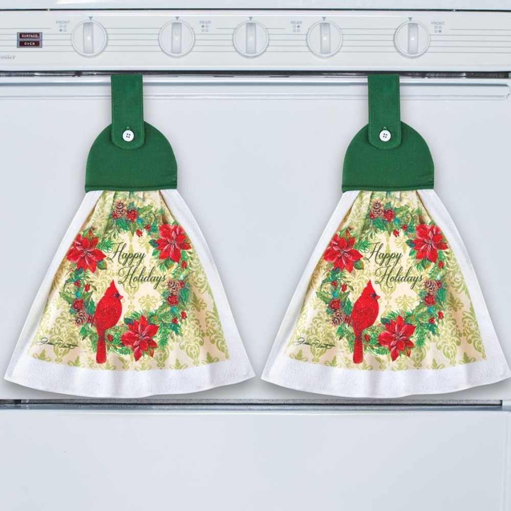 Happy Holidays Cardinal Wreath Hanging Kitchen Towels Set